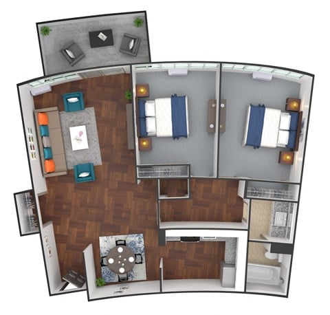 Floor plan for 2 beds, 1 bath, 915 sqft